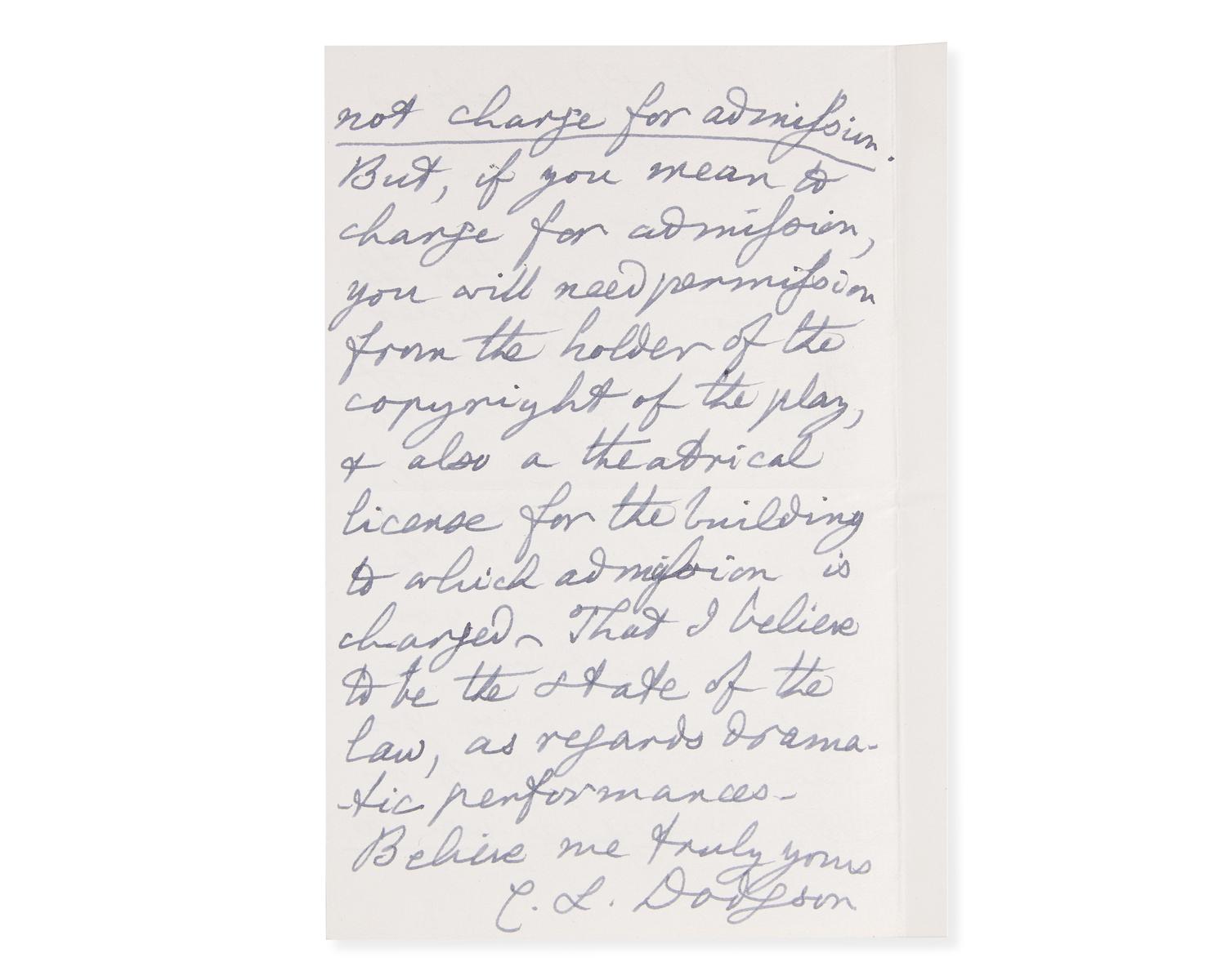Carroll, Lewis (Charles Lutwidge Dodgson). Autograph Letter, signed
