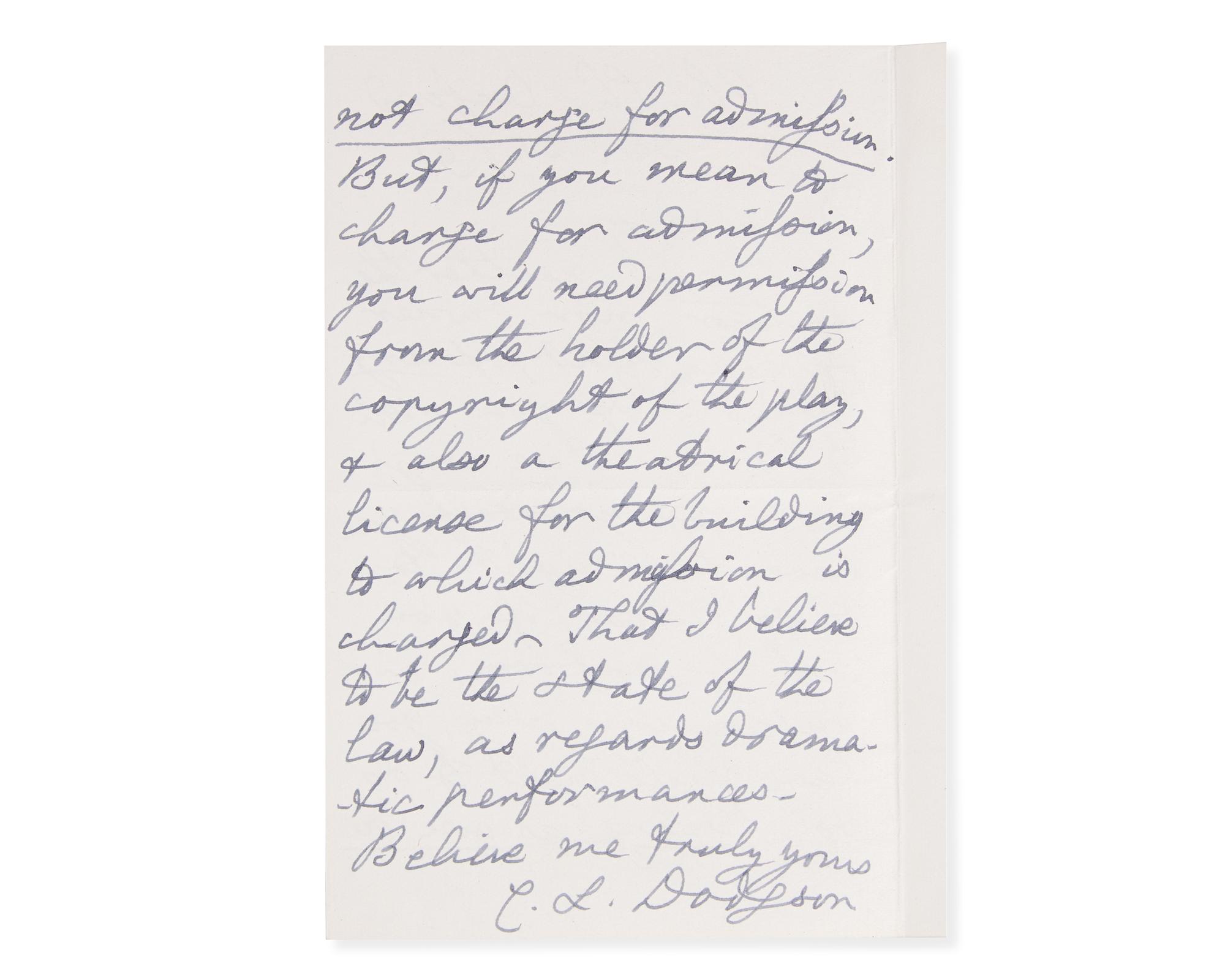 Carroll, Lewis (Charles Lutwidge Dodgson). Autograph Letter, signed