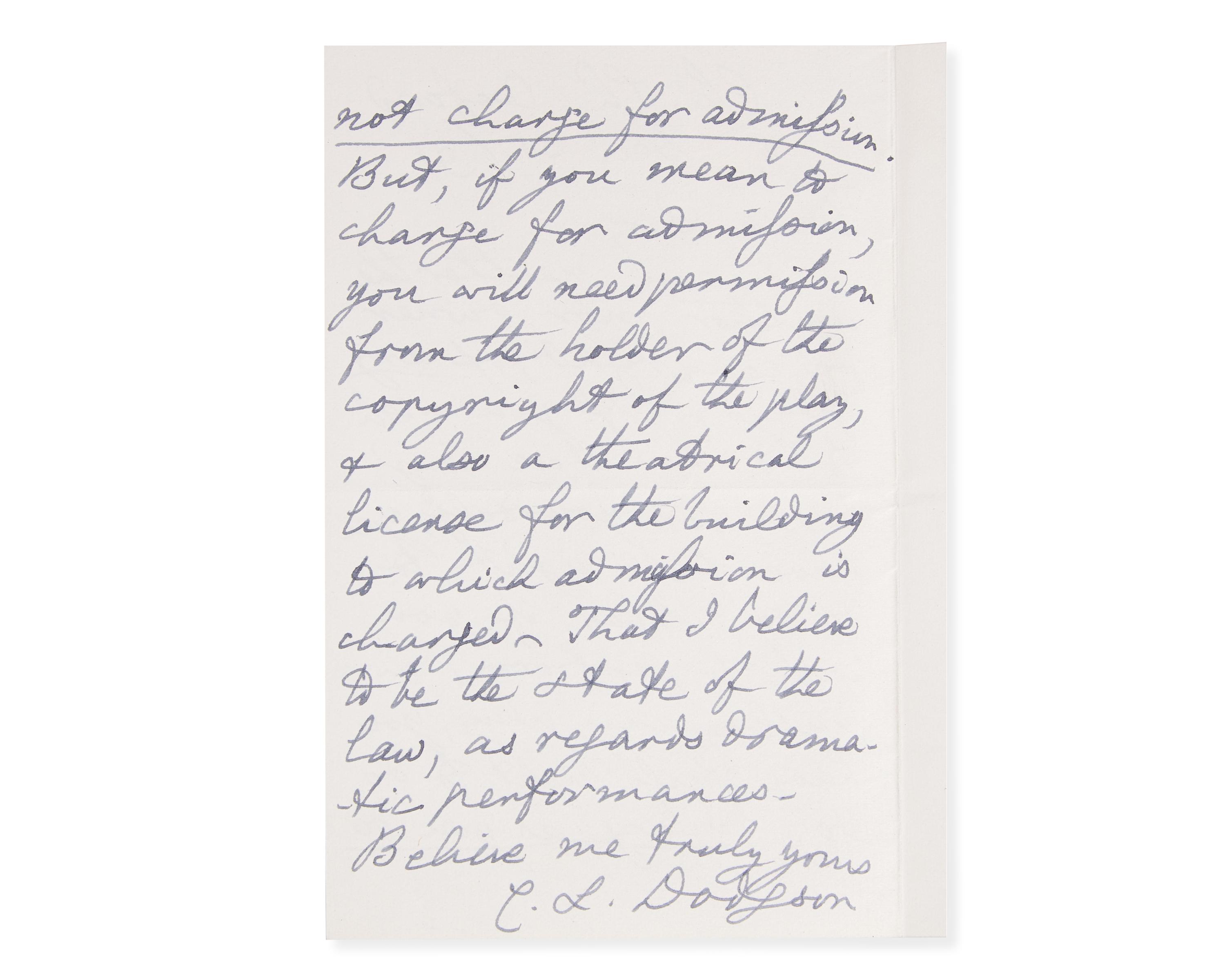 Carroll, Lewis (Charles Lutwidge Dodgson). Autograph Letter, signed