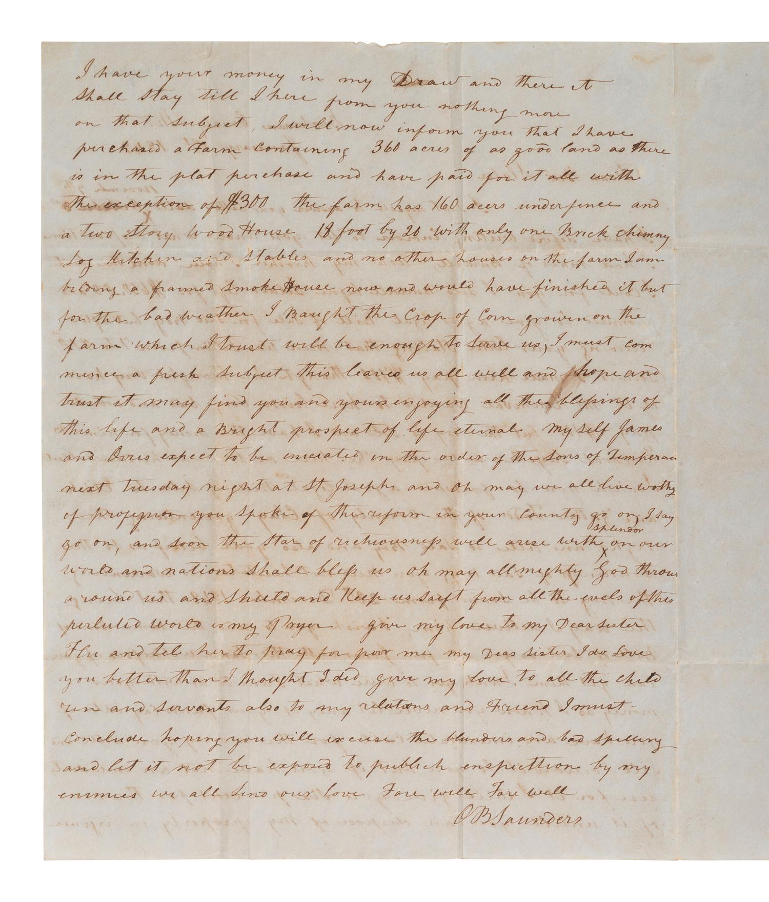 [ENSLAVEMENT]. Letter regarding the sale of slaves and joining the Sons of Temperance. 1 Jan 1849.