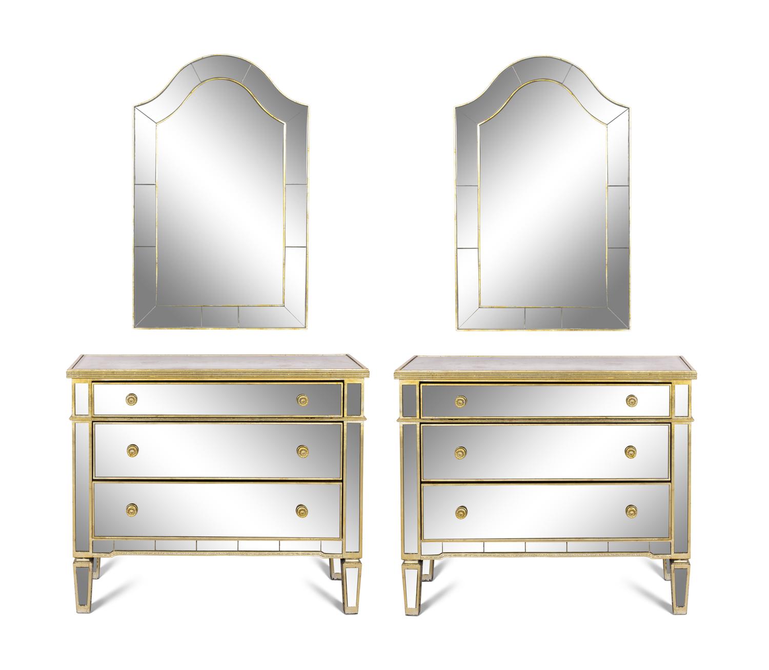 A Pair of Art Deco Style Mirror Veneered Commodes and a Pair of Coordinating Parclose Mirrors