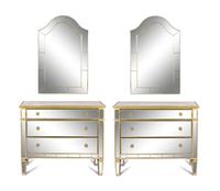 A Pair of Art Deco Style Mirror Veneered Commodes and a Pair of Coordinating Parclose Mirrors
