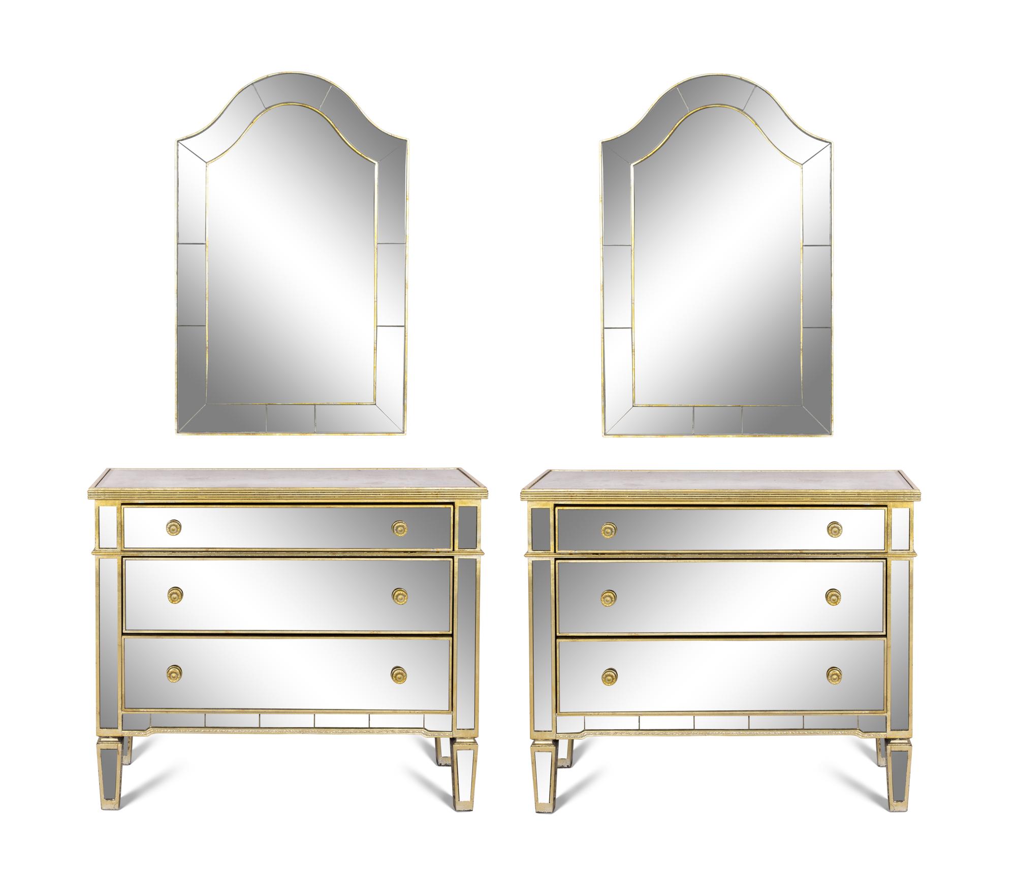 A Pair of Art Deco Style Mirror Veneered Commodes and a Pair of Coordinating Parclose Mirrors