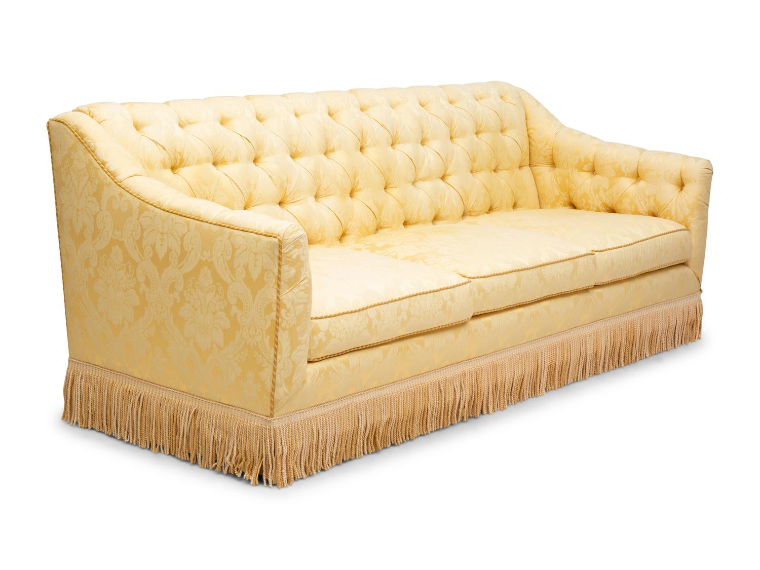 A Button-Tufted Damask-Upholstered Sofa