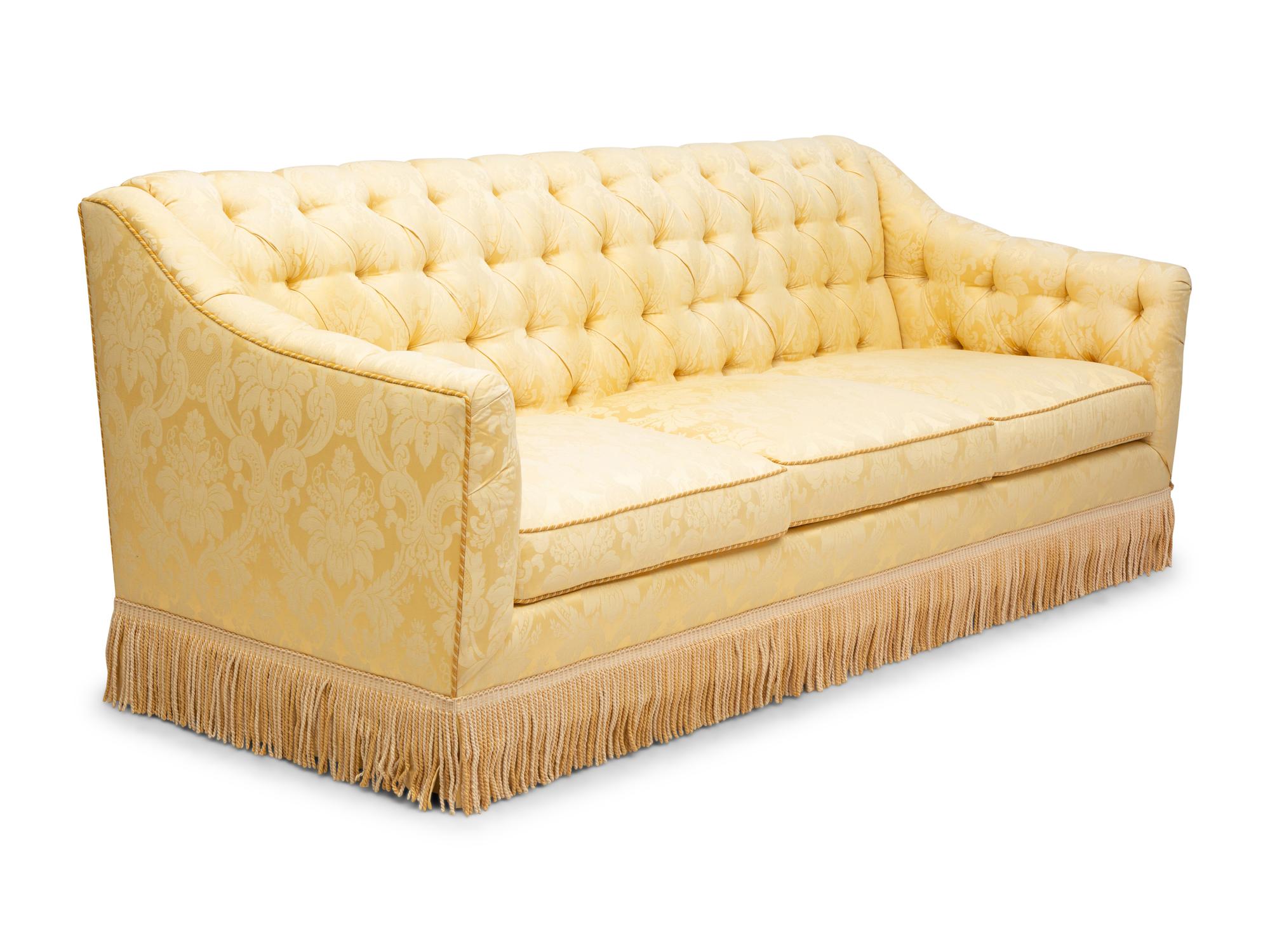 A Button-Tufted Damask-Upholstered Sofa