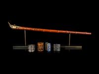 Four Chinese Covered Boxes and A Silvered Metal Mounted Bamboo Opium Pipe