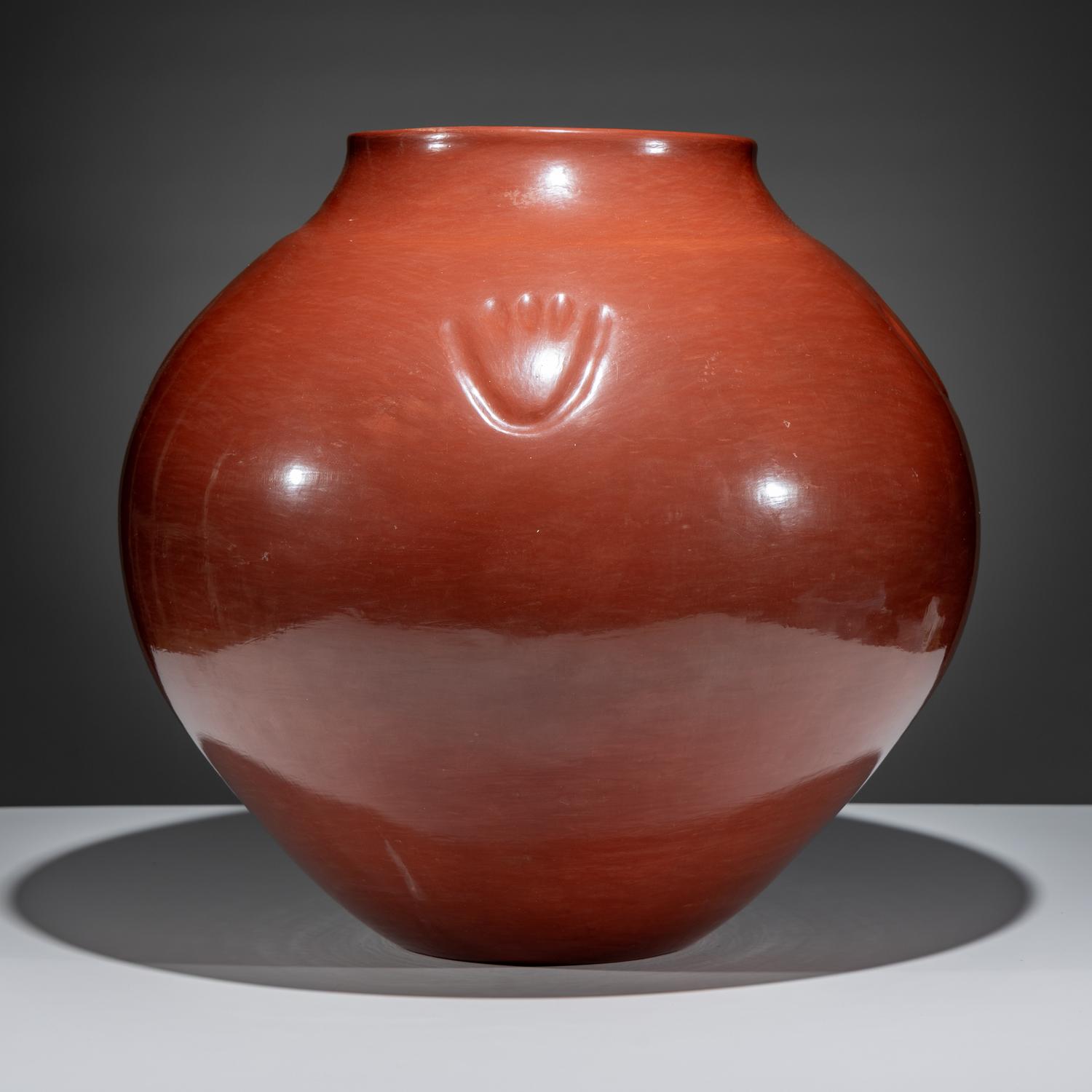 Monumental Redware Pottery Jar, with Bear Paw