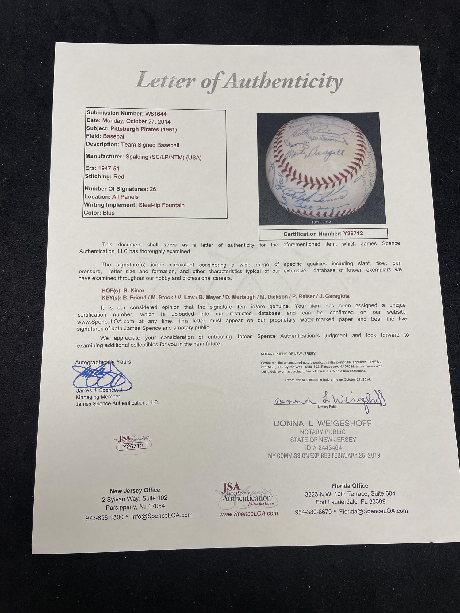 A 1951 Pittsburgh Pirates Team Signed Autograph Baseball (JSA Letter of Authenticity)