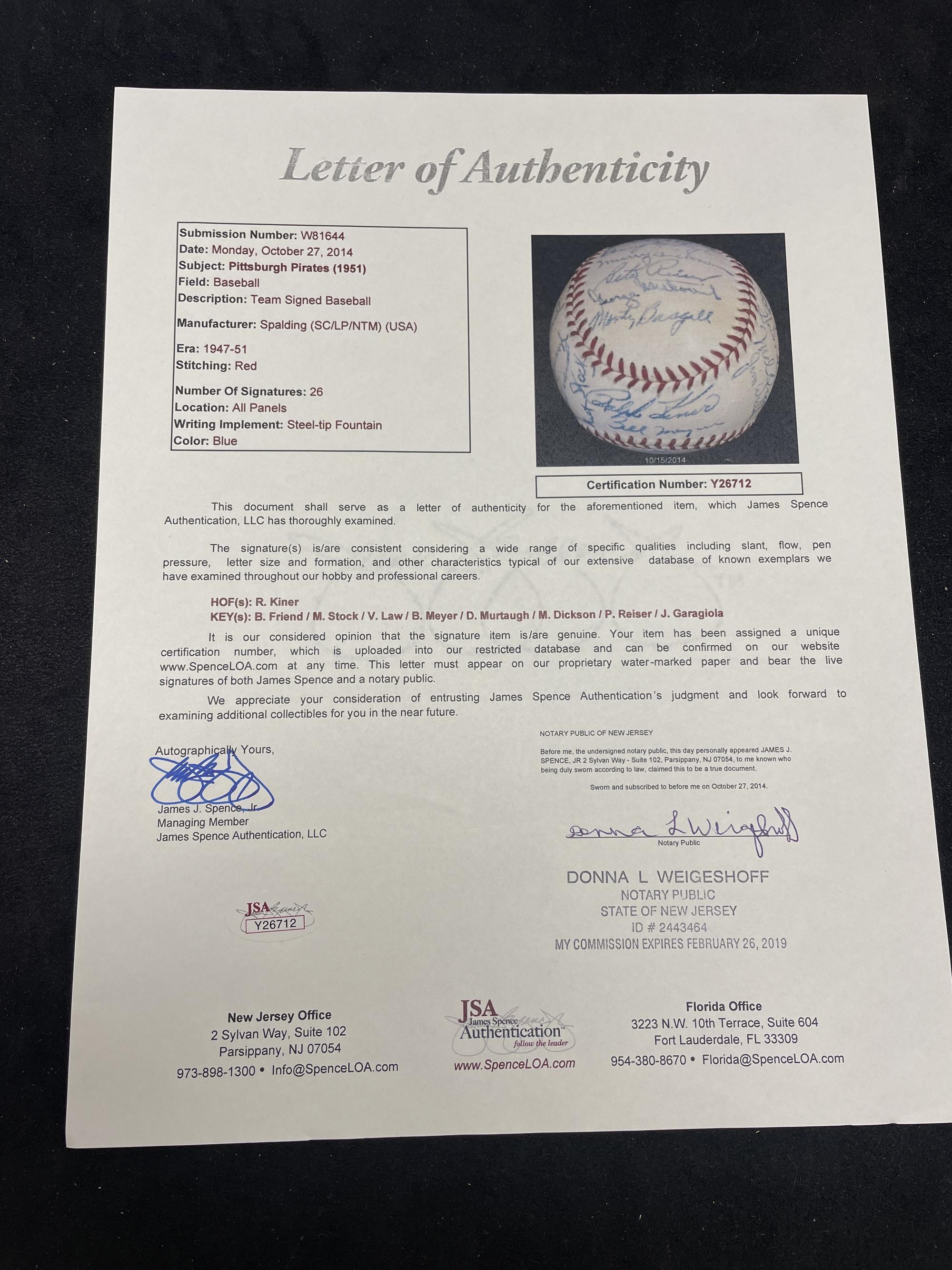 A 1951 Pittsburgh Pirates Team Signed Autograph Baseball (JSA Letter of Authenticity)