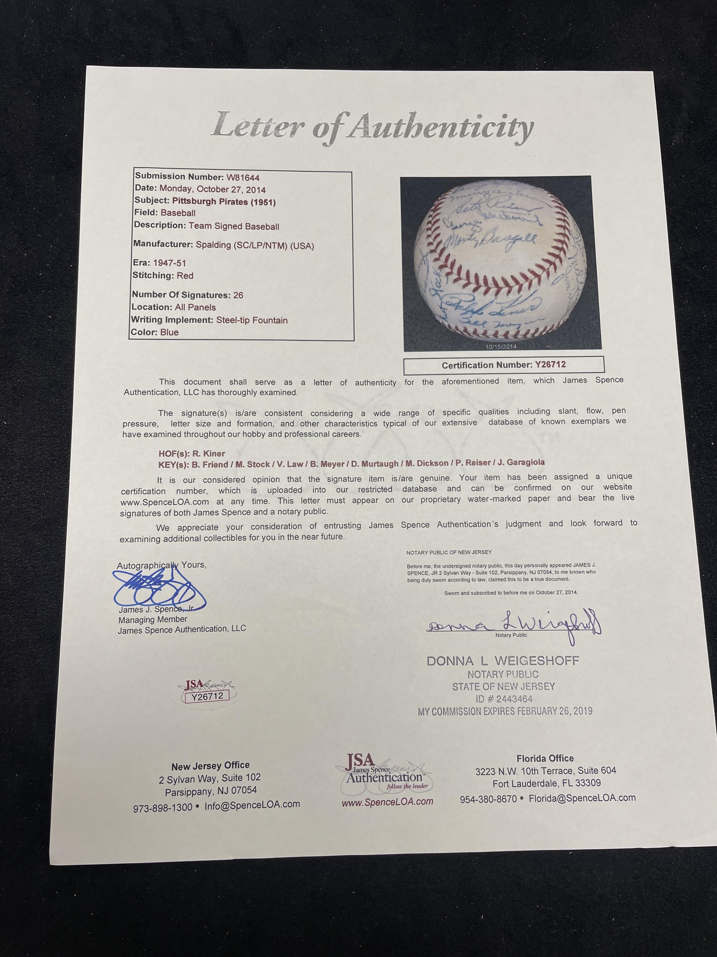 A 1951 Pittsburgh Pirates Team Signed Autograph Baseball (JSA Letter of Authenticity)