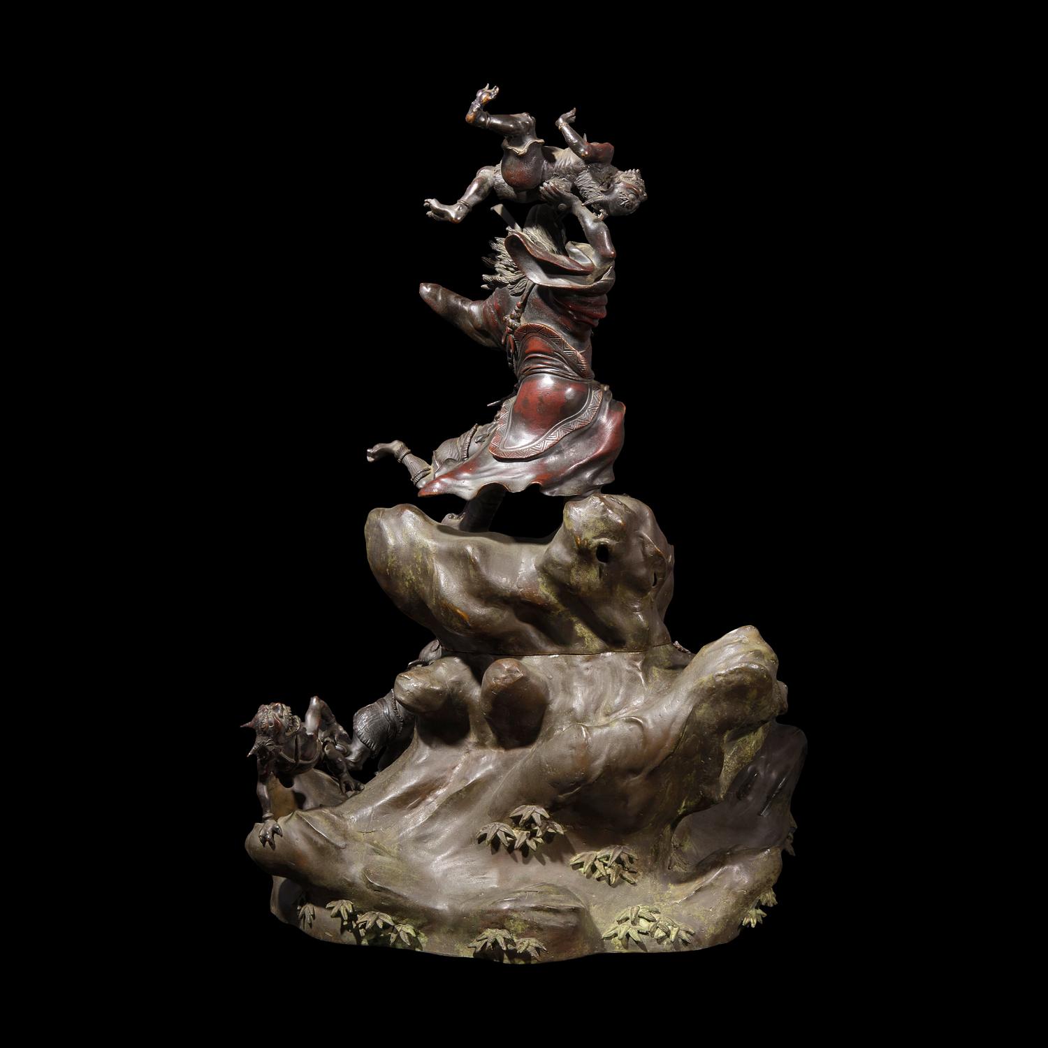 A Japanese Patinated Bronze and Metal S hoki and Oni Figural Koro, Meiji Period 日本明治時代 銅雕鍾馗捉鬼