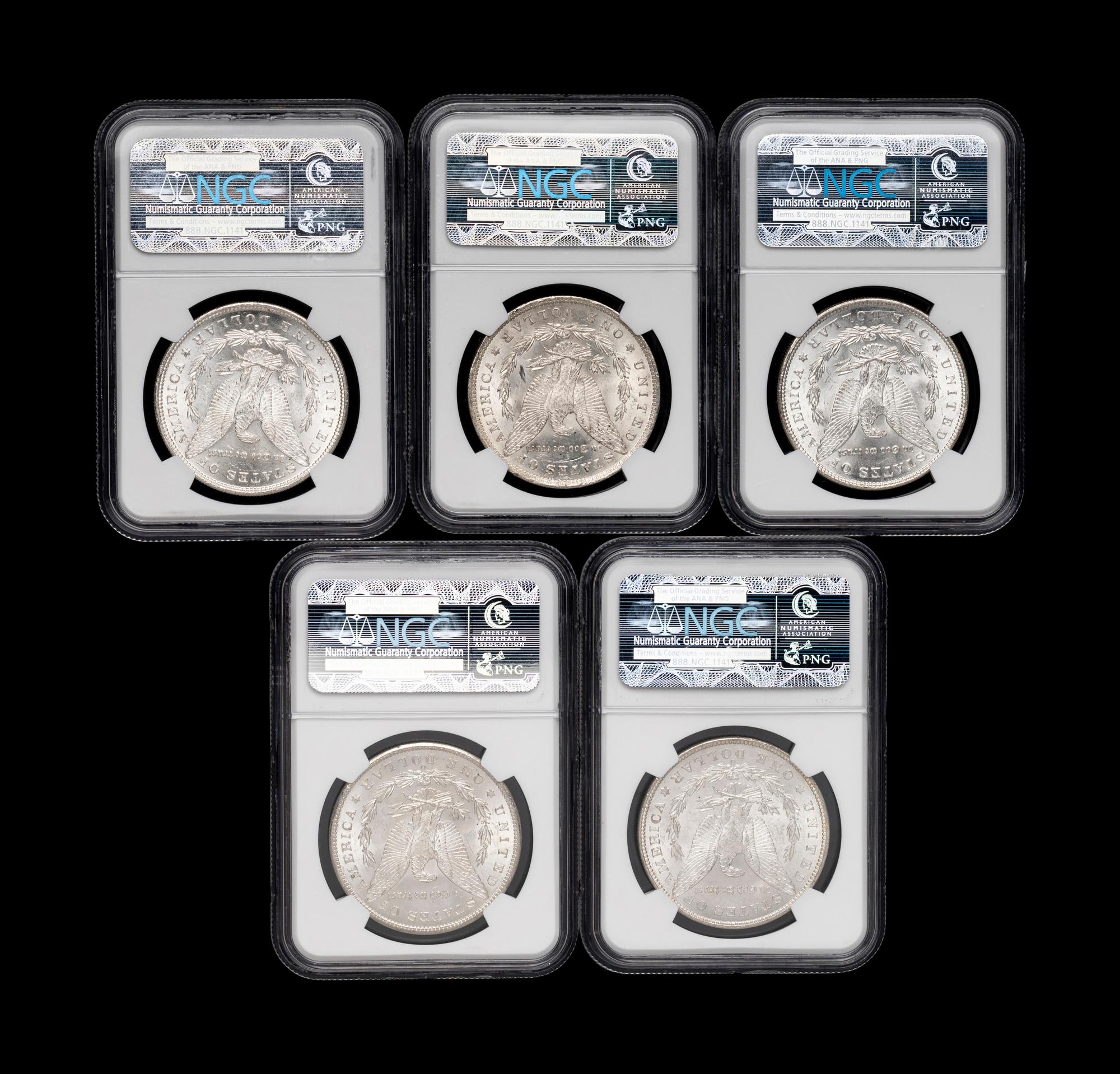 Five Morgan: Lincoln Highway Hoard $1 Coins (NGC MS63)