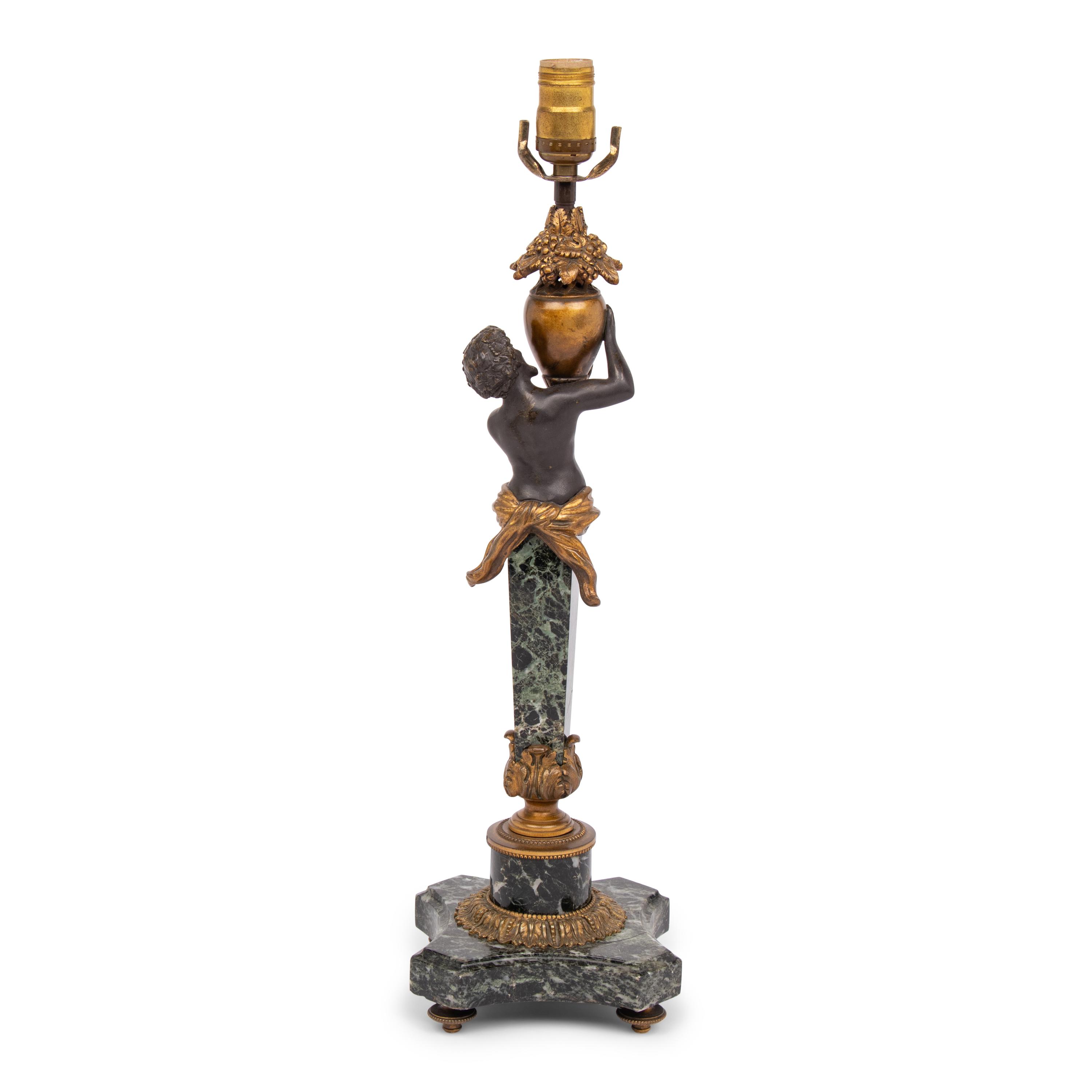A Continental Gilt and Patinated Bronze and Marble Table Lamp