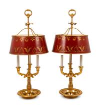 A Pair of Empire Style Gilt Metal and Painted Tôle Bouillotte Lamps