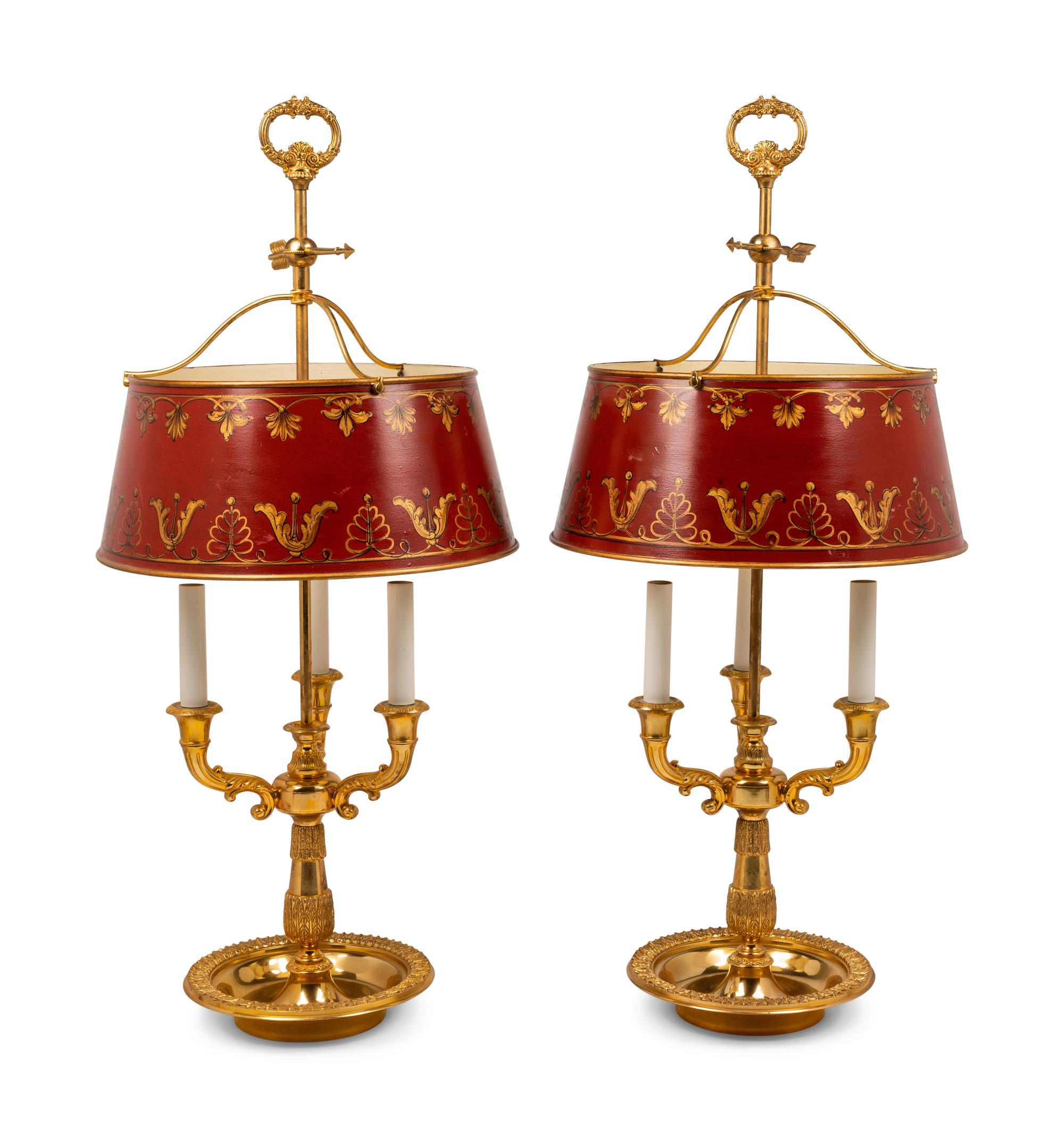 A Pair of Empire Style Gilt Metal and Painted Tôle Bouillotte Lamps
