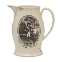 A Liverpool Commemorative Creamware Enameled Transferware Jug