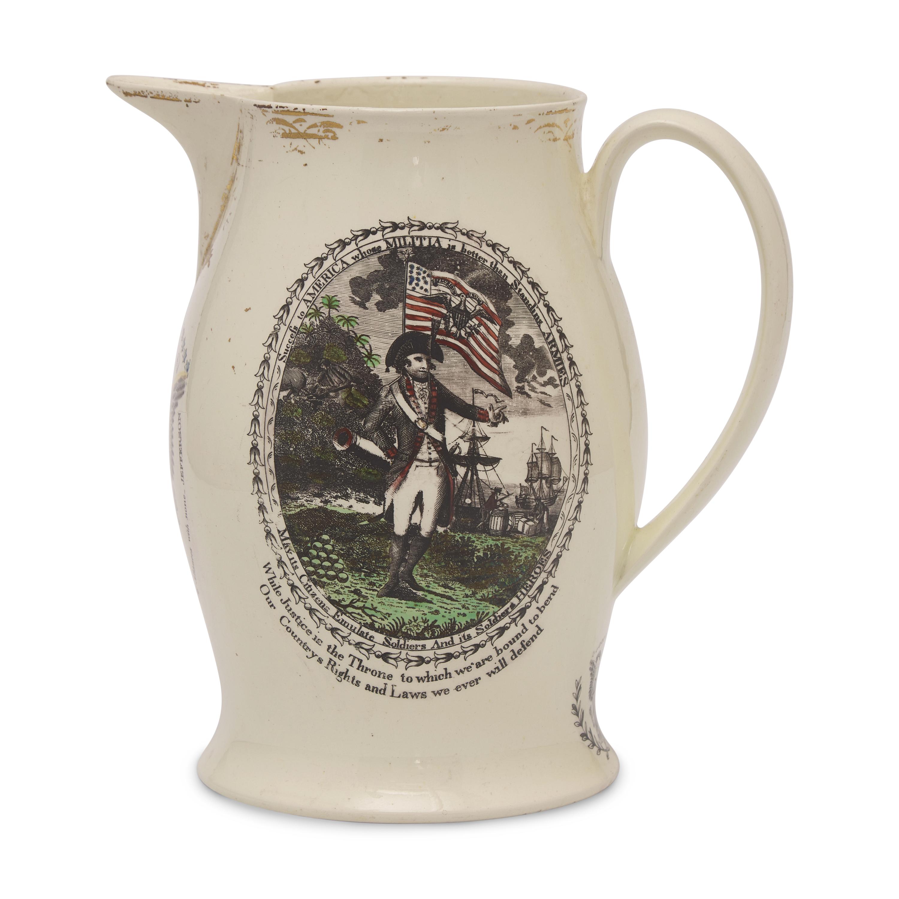 A Liverpool Commemorative Creamware Enameled Transferware Jug