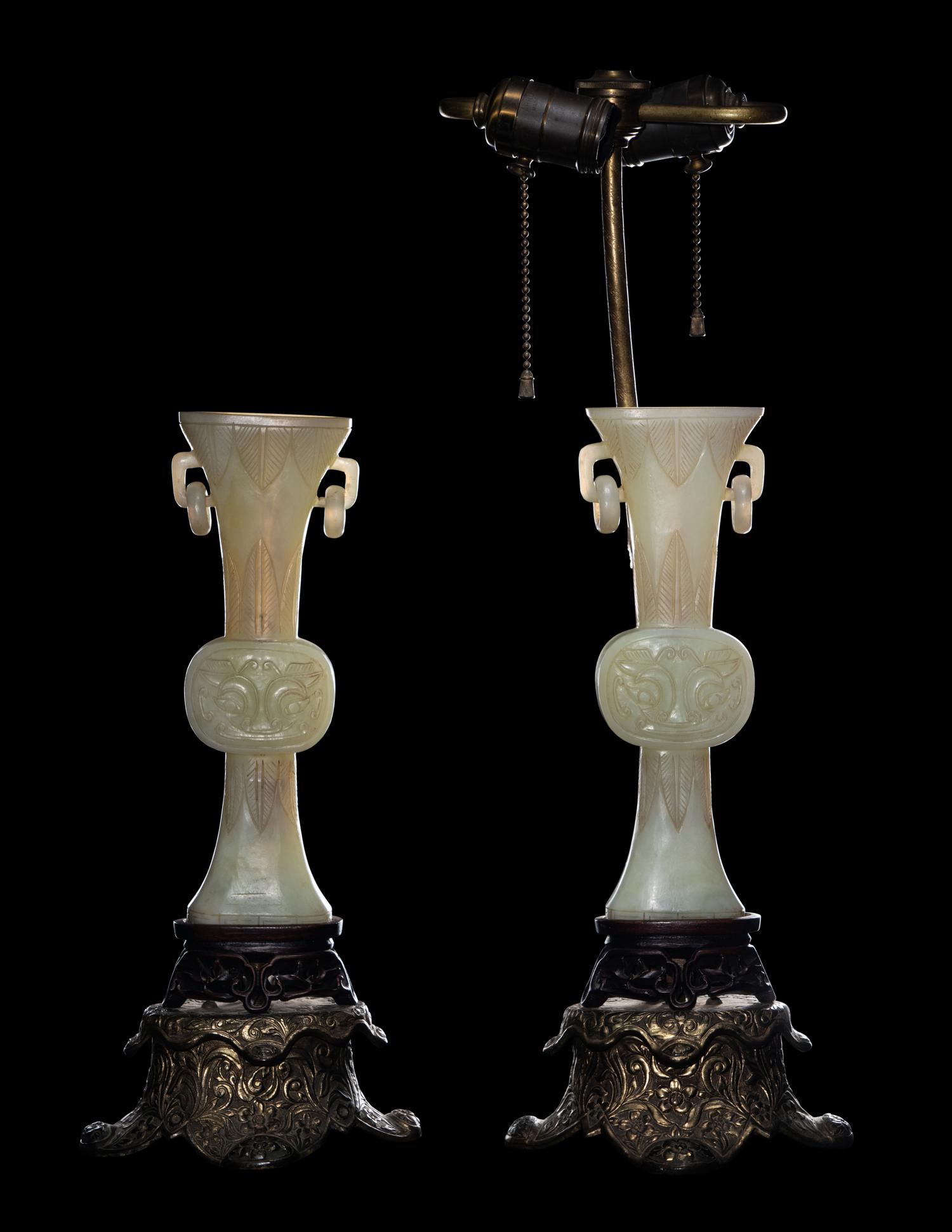 A Pair of Chinese Carved White Jade Gu Vases
