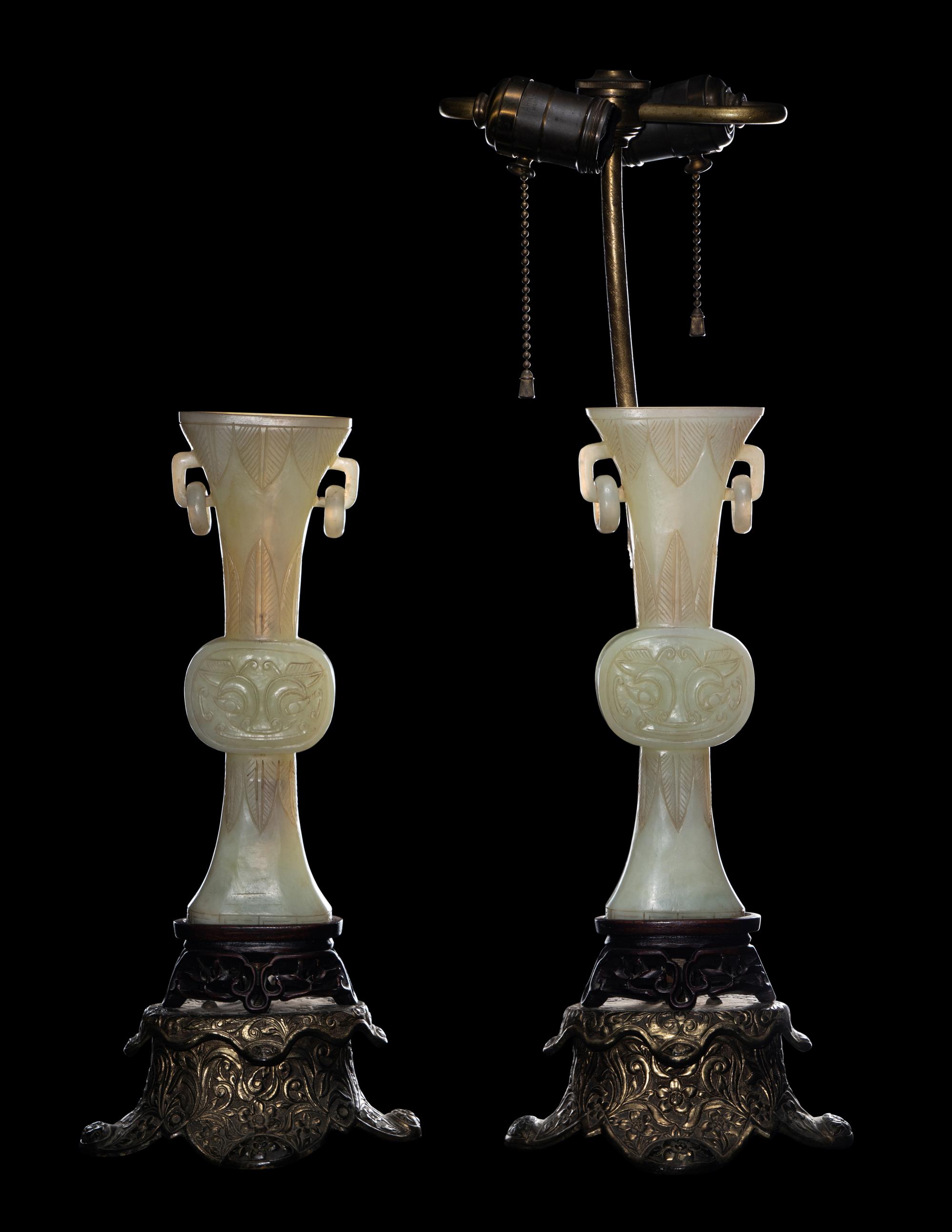 A Pair of Chinese Carved White Jade Gu Vases