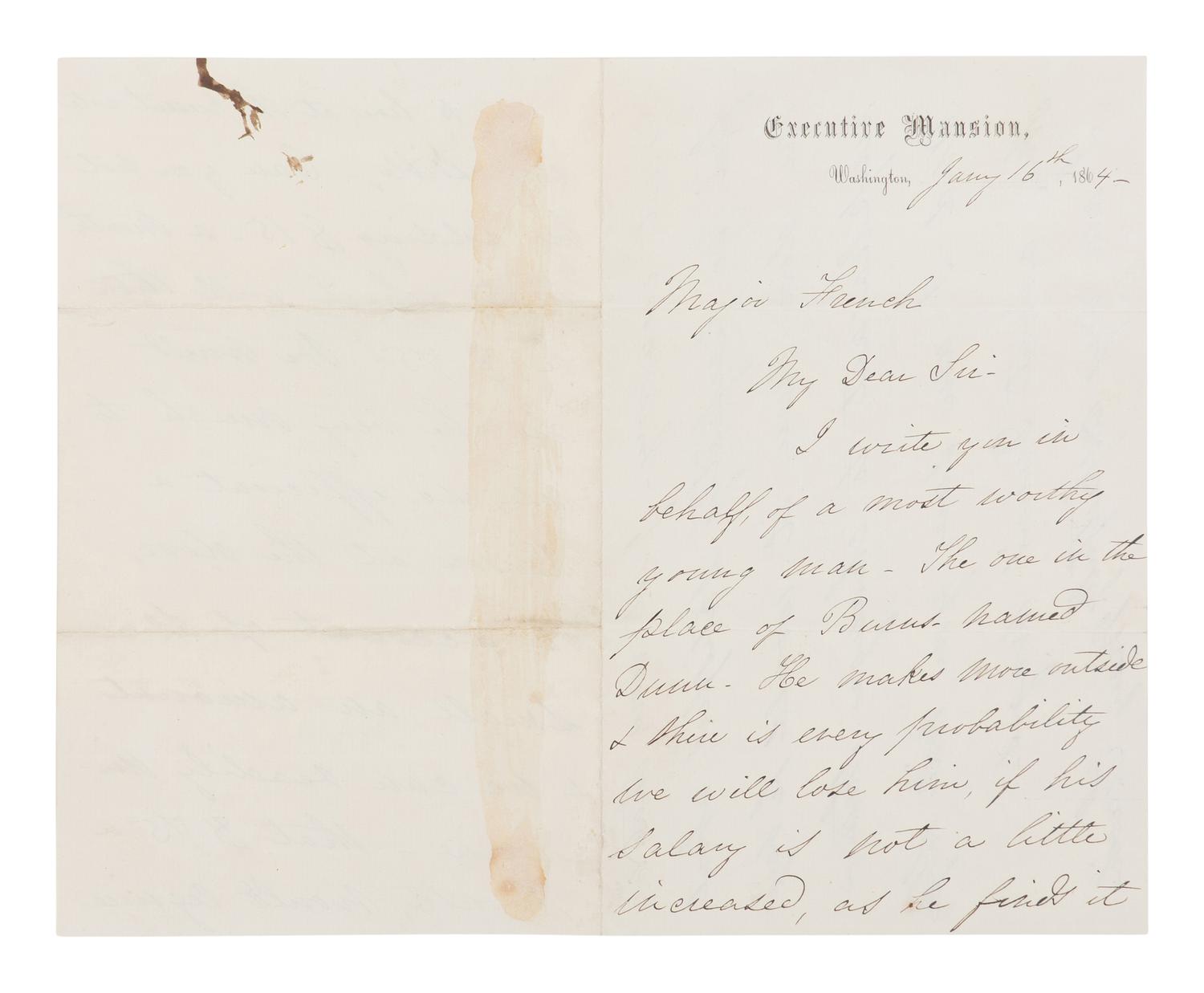 LINCOLN, Mary Todd (1818-1882). Autograph letter signed ("Mary Lincoln"), to B.B. French, Washington, D.C., 16 January 1864.
