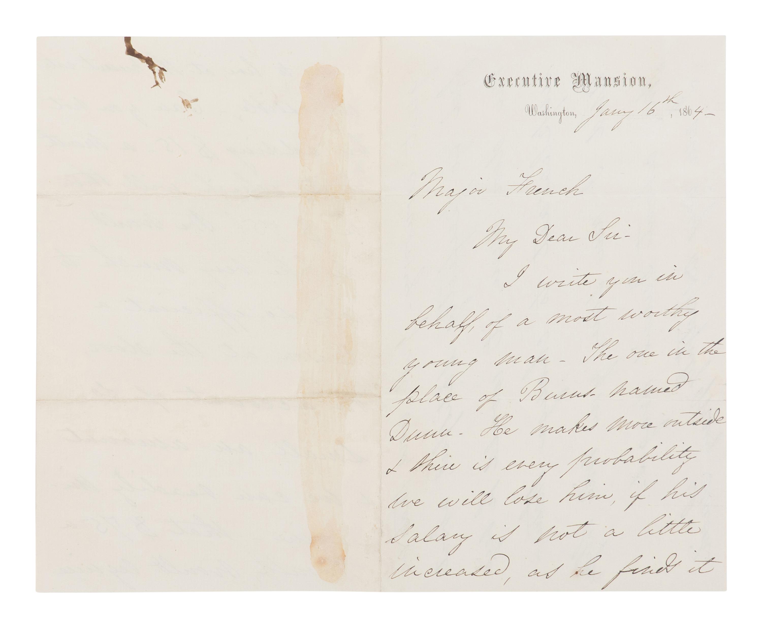 LINCOLN, Mary Todd (1818-1882). Autograph letter signed ("Mary Lincoln"), to B.B. French, Washington, D.C., 16 January 1864.