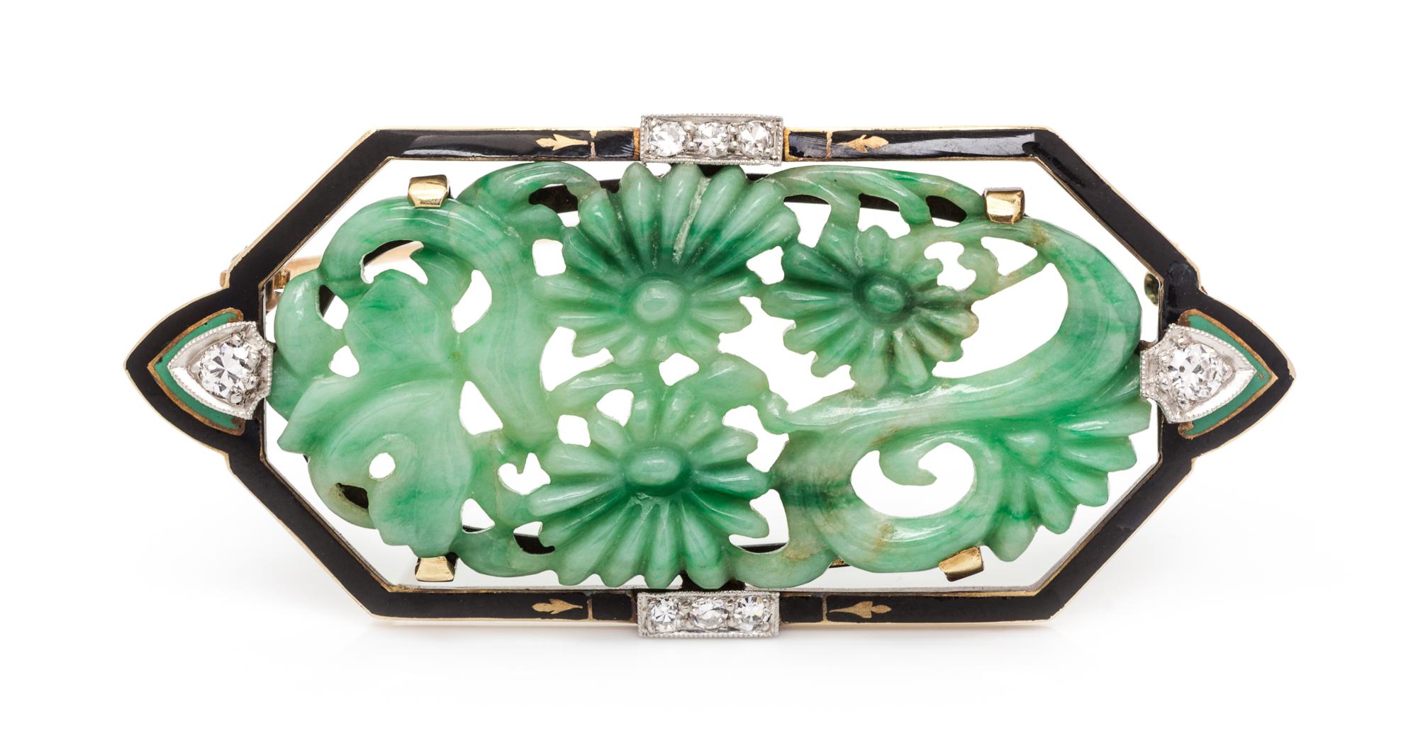 An Art Deco Platinum Topped Gold, Jade, Diamond and Polychrome Enamel Brooch, 7.60 dwts.