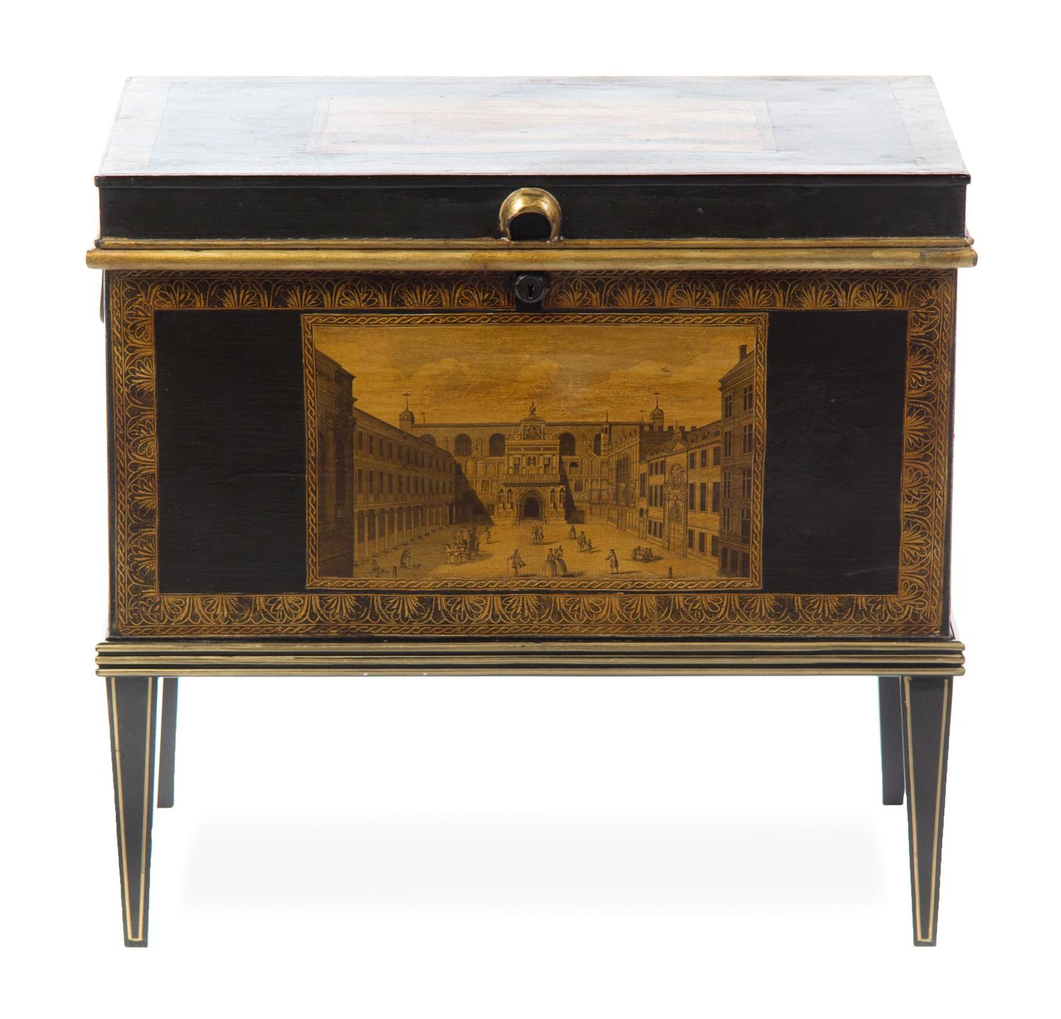 An English Tole Document Box Height overall 21 3/4 x width 23 1/2 x depth 16 inches.