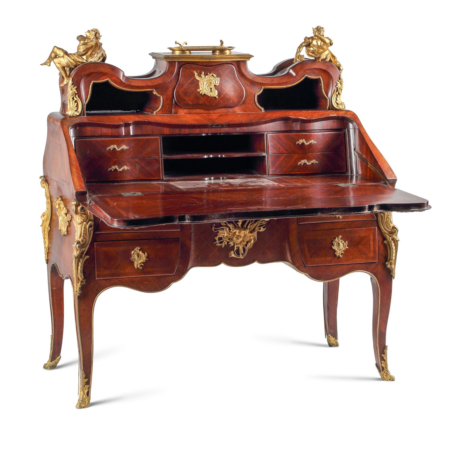 A Louis XV Style Parquetry and Gilt Bronze Mounted Slant-Front Bureau