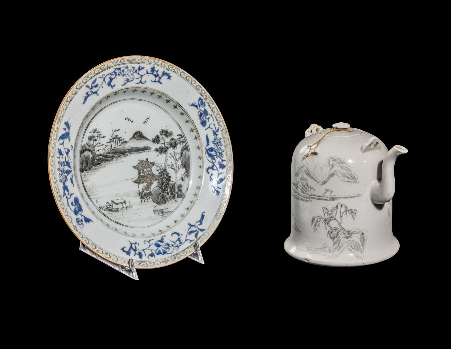 Two Chinese Grisaille Decorated Porcelain Wares
