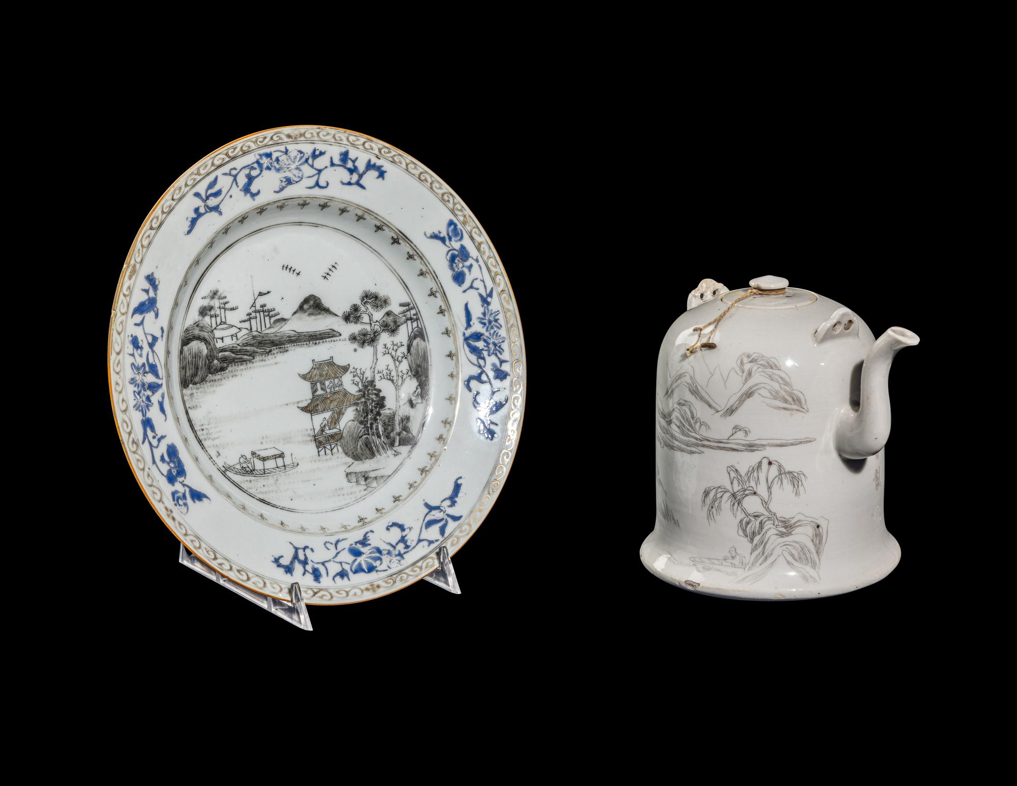 Two Chinese Grisaille Decorated Porcelain Wares