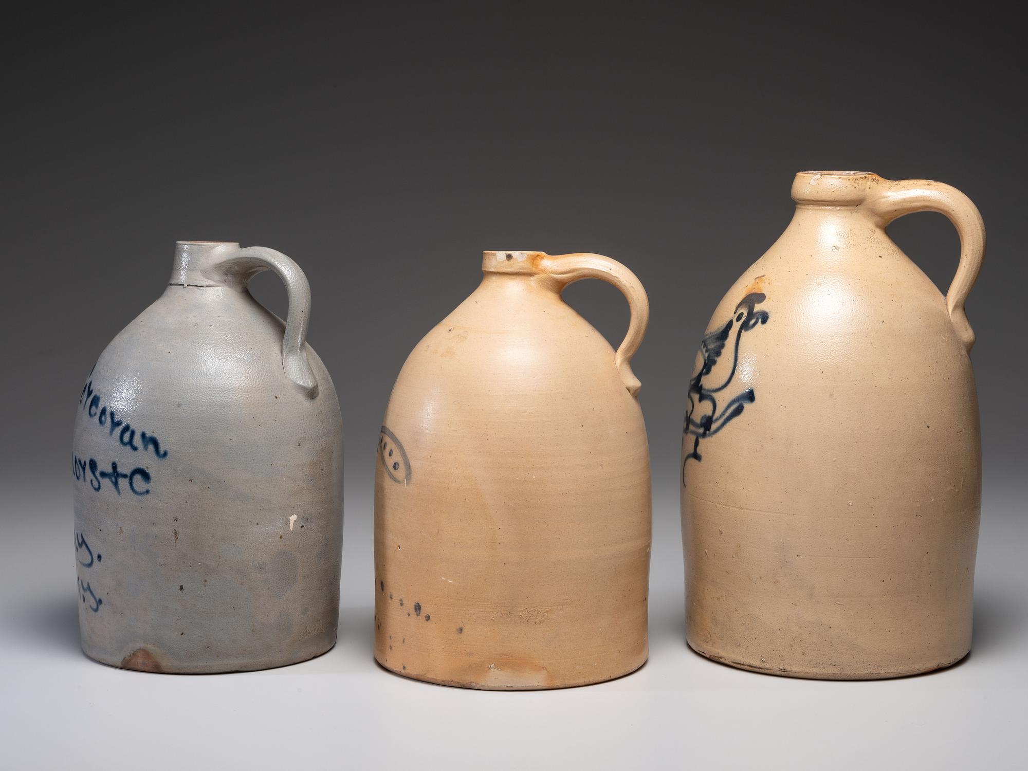 Three Cobalt Decorated Stoneware Jugs