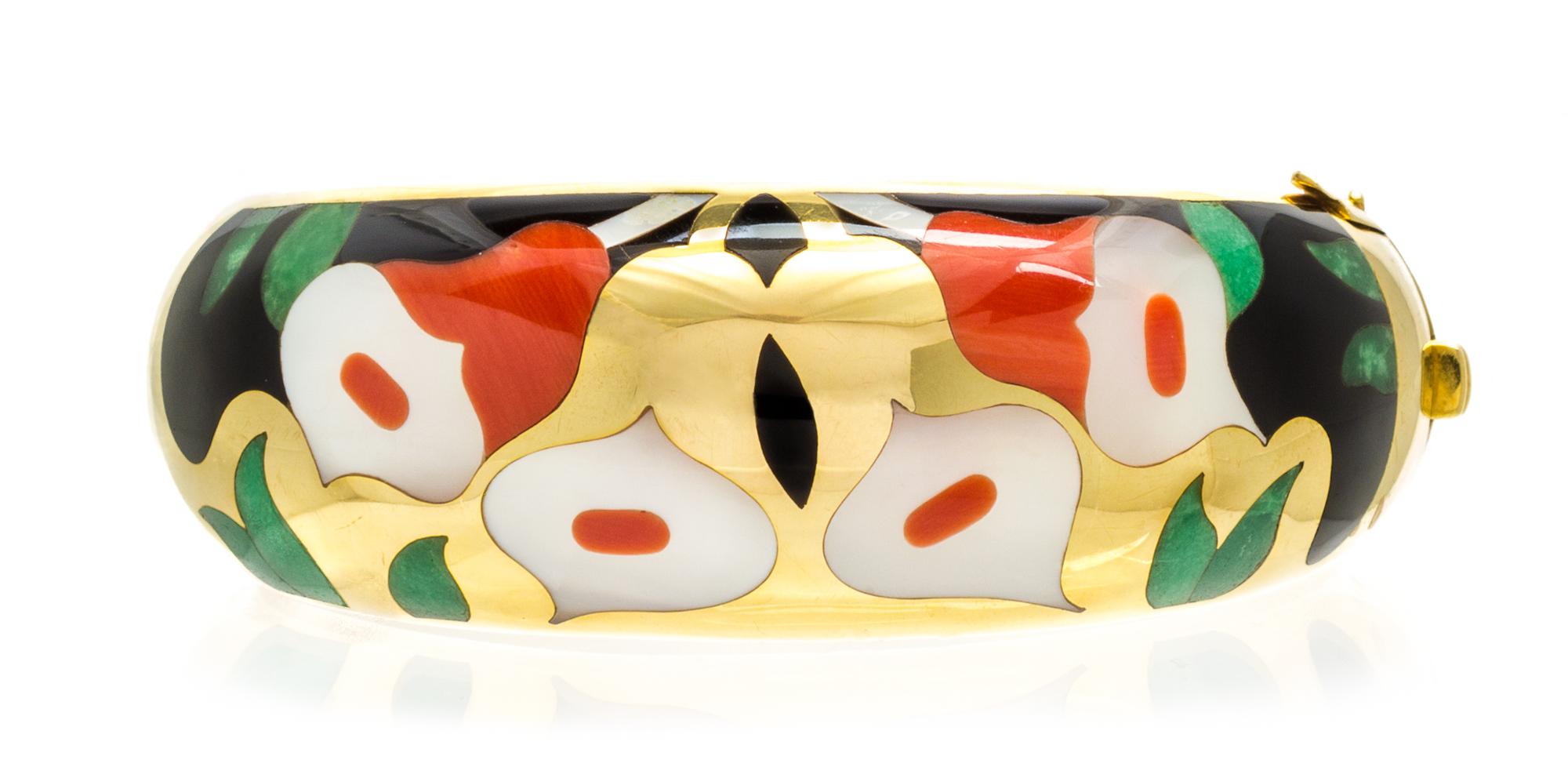 A 14 Karat Yellow Gold, Onyx, Mother-of-Pearl, Coral and Jade Demi Parure, 50.40 dwts.