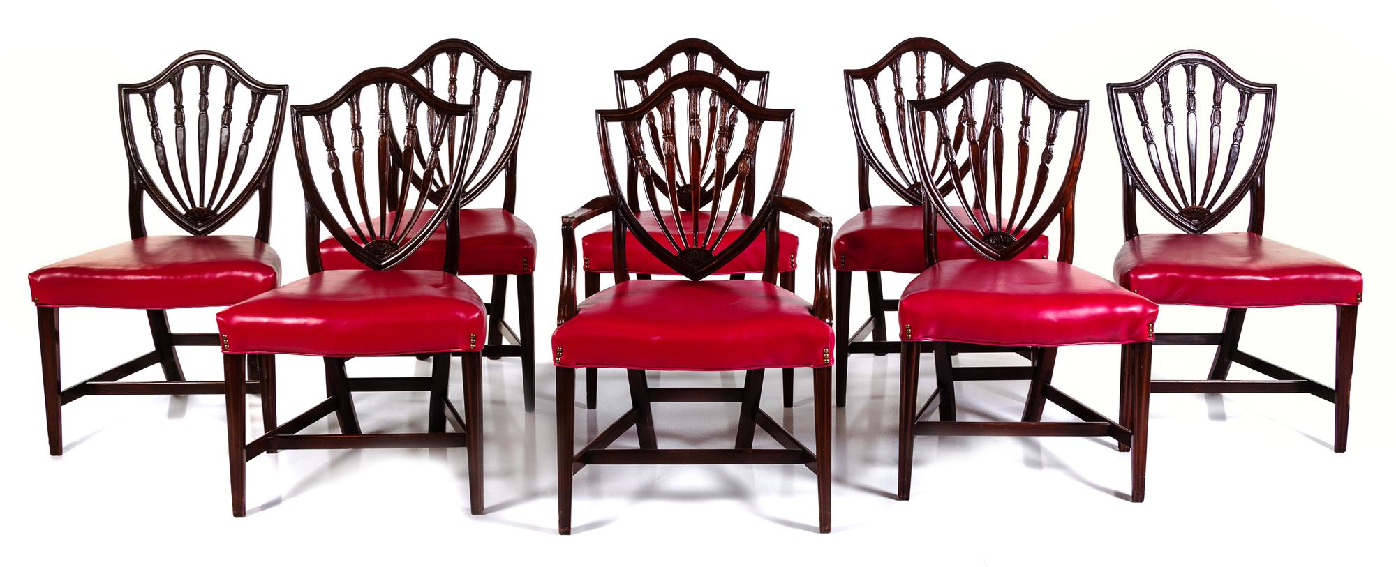A Set of Eight American Hepplewhite Style Mahogany Dining Chairs Height 37 inches. — 20TH CENTURY
