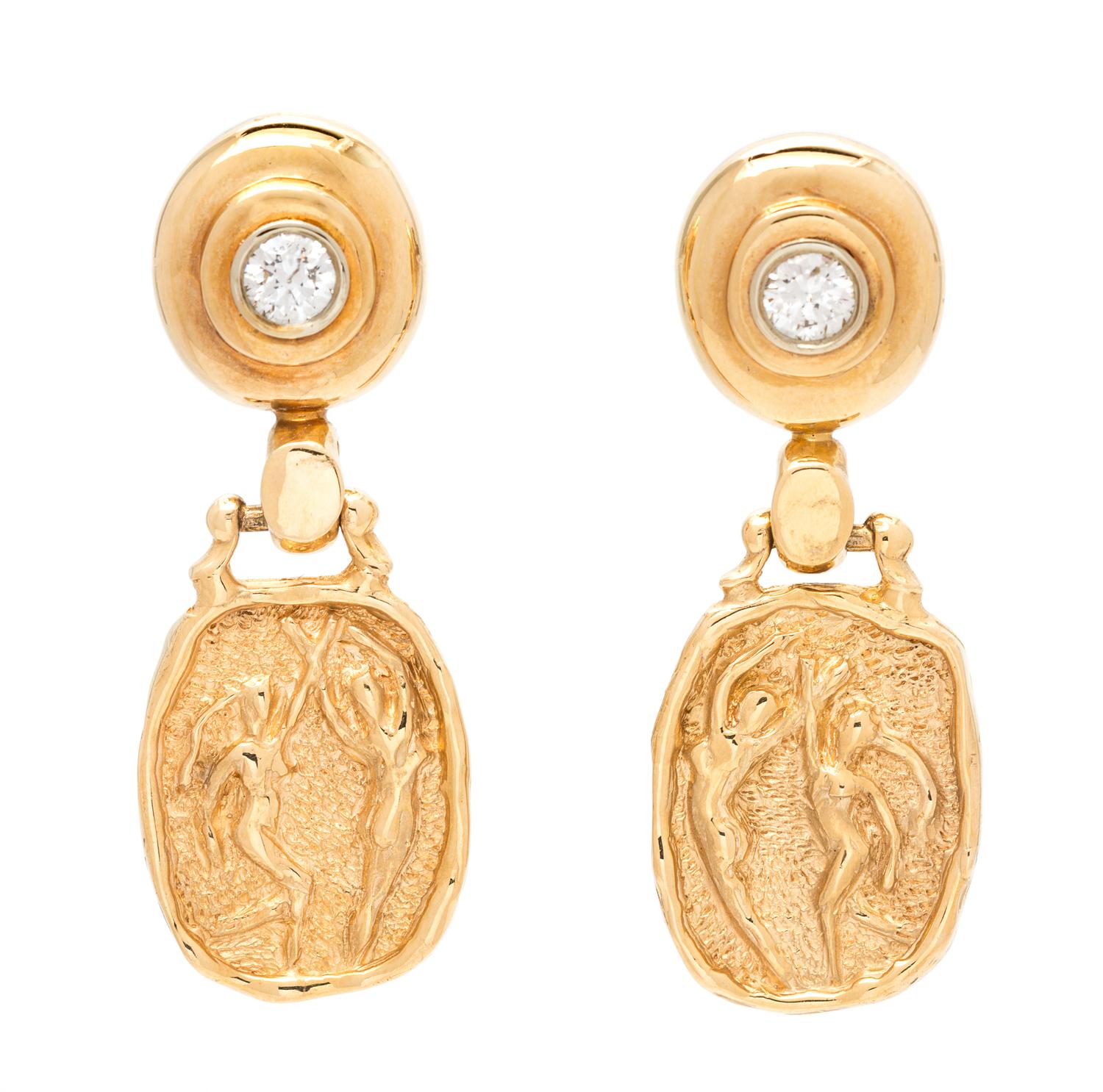 A Pair of Yellow Gold and Diamond Dancing Motif Earrings, 19.40 dwts.