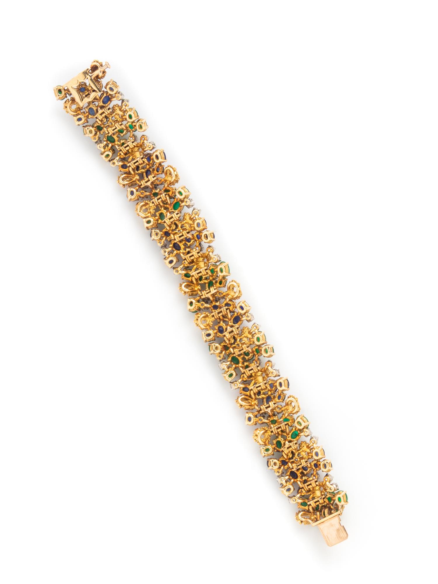 FRENCH, YELLOW GOLD, DIAMOND, SAPPHIRE AND EMERALD BRACELET