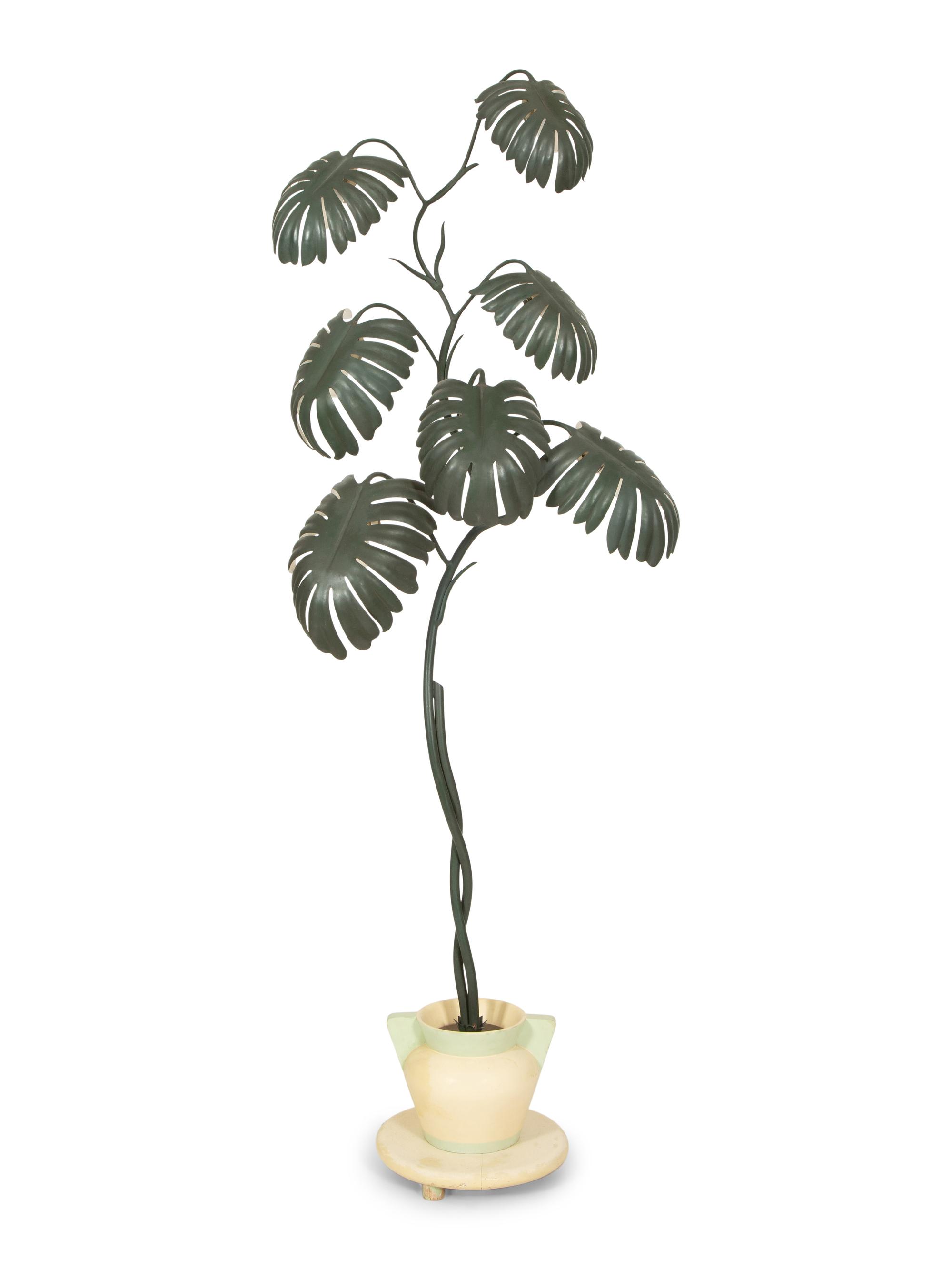A Green-Painted Metal Lamp Modeled as a Tropical Plant