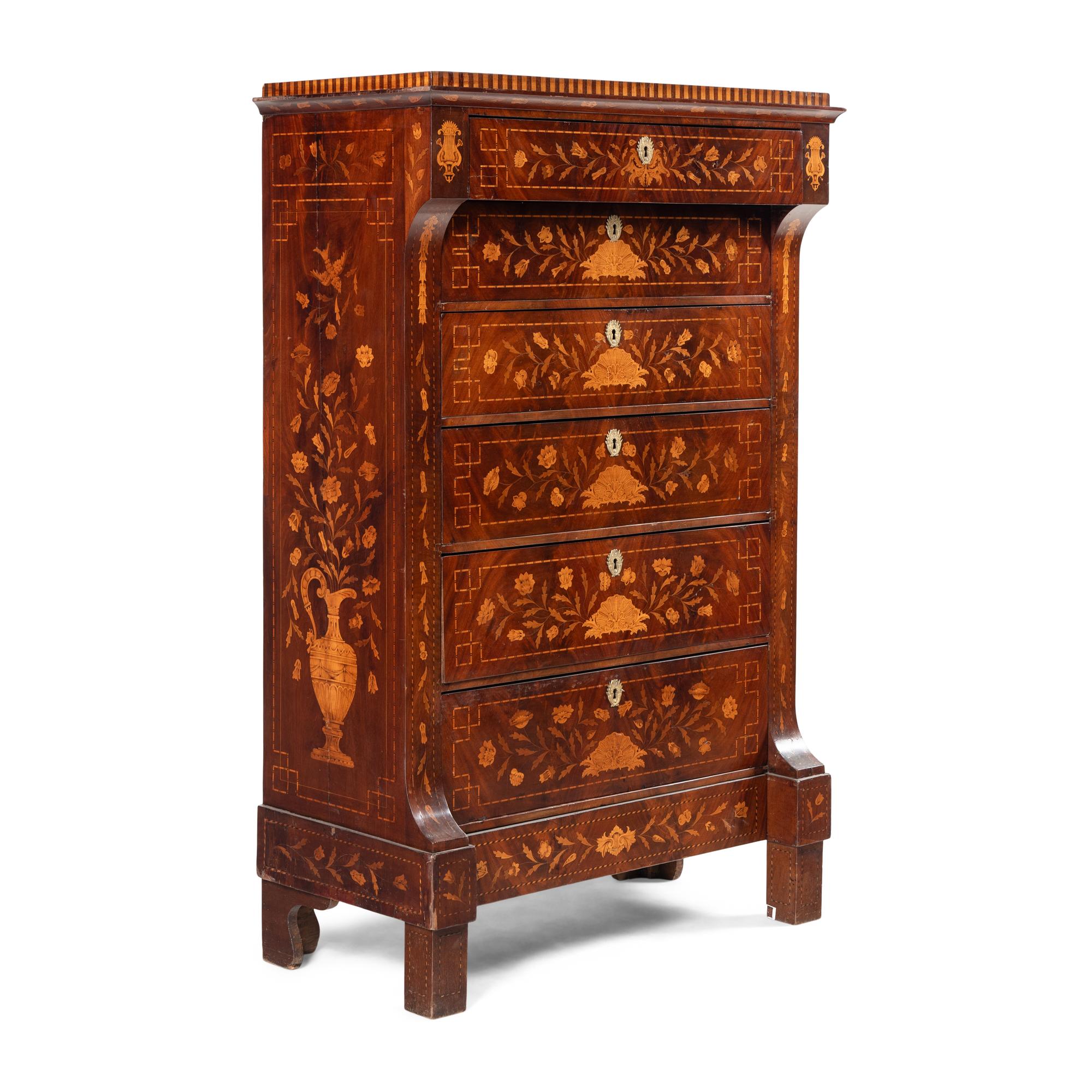 A Dutch Marquetry and Mahogany Tall Chest of Drawers