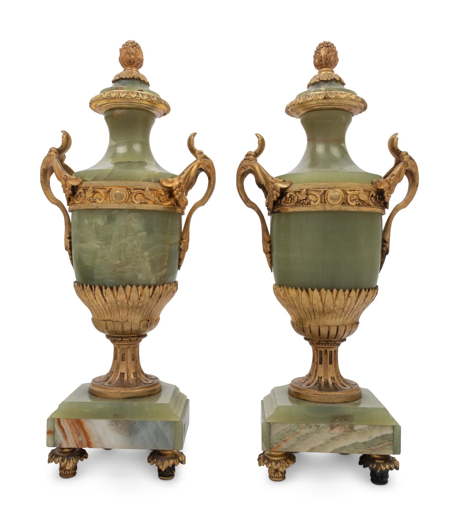A Pair of Gilt Bronze Mounted Onyx Urns