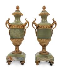 A Pair of Gilt Bronze Mounted Onyx Urns