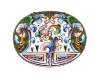 A Russian Enameled Silver Pill Box, 6th Artel, Moscow, 1908-1926, of oval form with floral and geometric decoration.