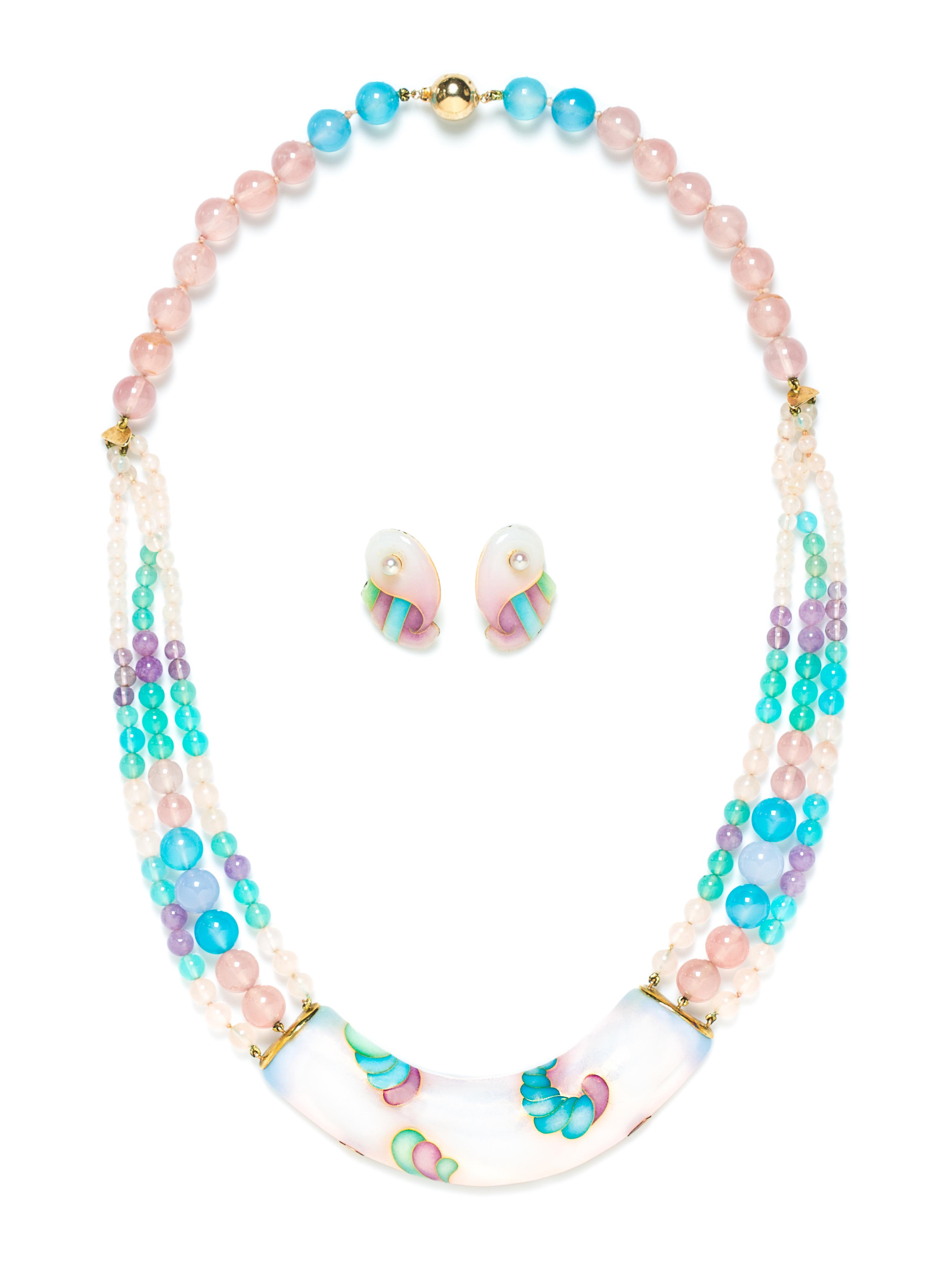 A 14 Karat Yellow Gold Multi Gem and Glass Demi Parure,