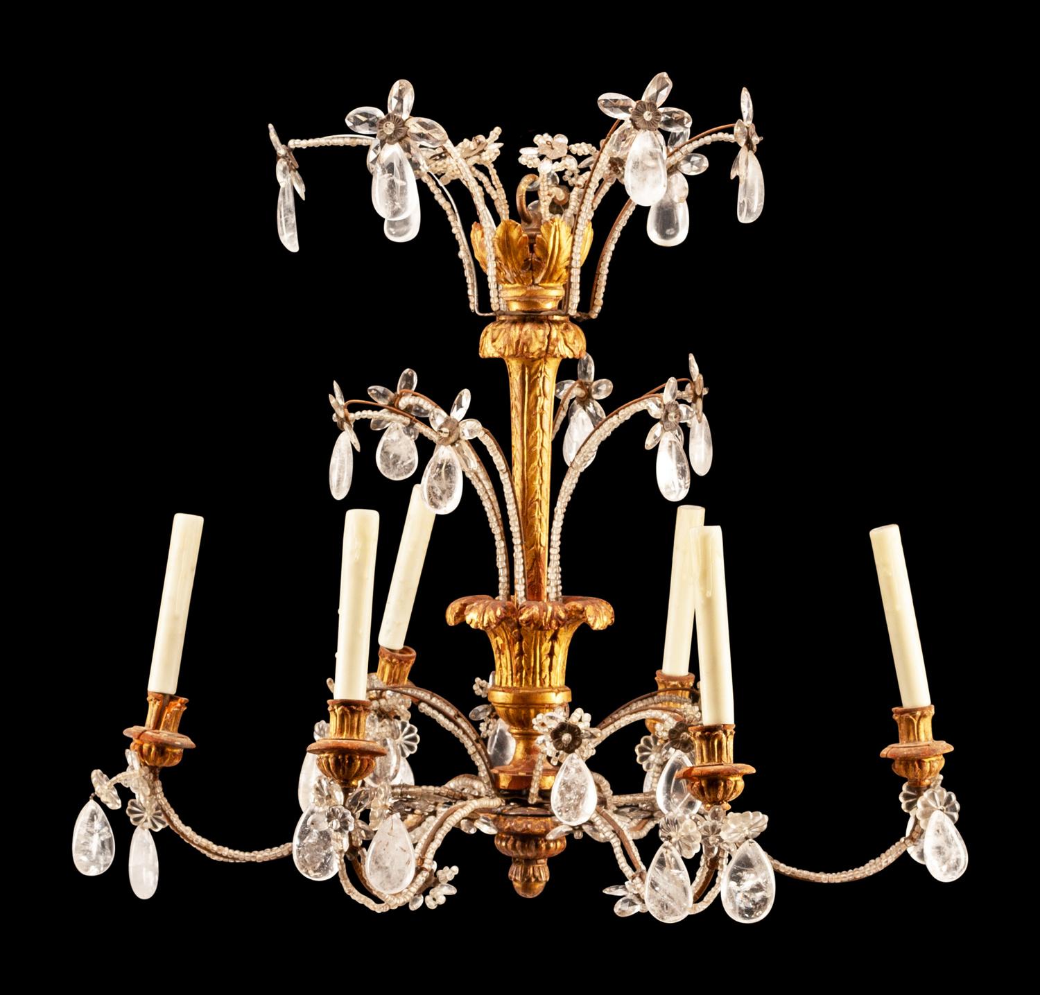 An Italian Neoclassical Style Giltwood and Rock Crystal Six-Light Chandelier