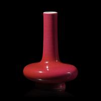 A Small Chinese Ruby-Red Glazed Small Porcelain Vase, Biqiping, Late Qing-Republican Period — 晚清-民國 寶石紅釉小荸薺瓶