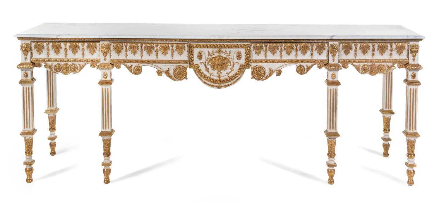 An English White-Painted and Parcel Gilt Console Table Height 36 x width 95 1/2 x depth 24 inches. — LATE 19TH CENTURY, THE MARBLE TOP LATER