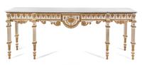 An English White-Painted and Parcel Gilt Console Table Height 36 x width 95 1/2 x depth 24 inches. — LATE 19TH CENTURY, THE MARBLE TOP LATER