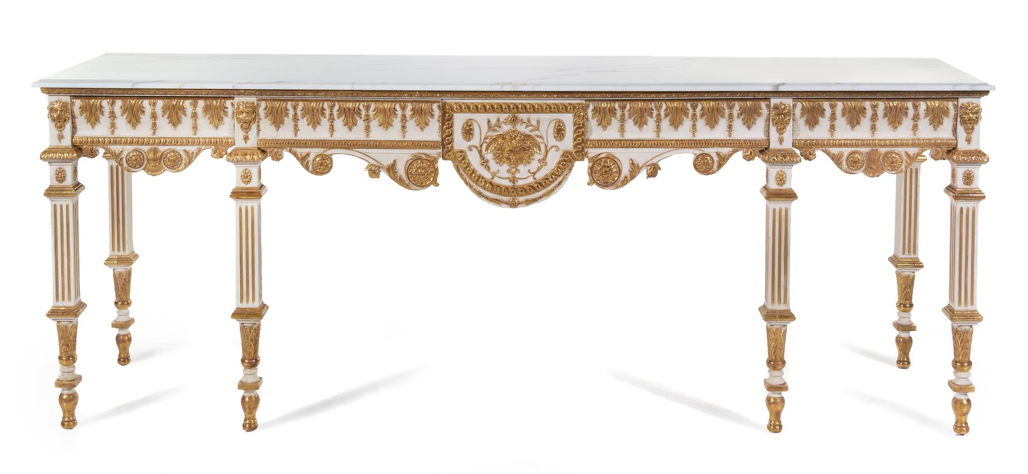 An English White-Painted and Parcel Gilt Console Table Height 36 x width 95 1/2 x depth 24 inches. — LATE 19TH CENTURY, THE MARBLE TOP LATER