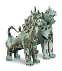 A Pair of Large Patinated Bronze Temple Lions