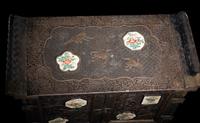 A Japanese Porcelain and Metal Inset Wood Chest