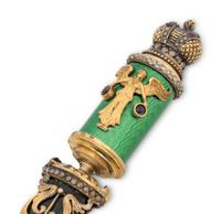 A Russian Spinach Jade and Jewel Mounted Silver Gilt and Guilloché Enameled Letter Opener