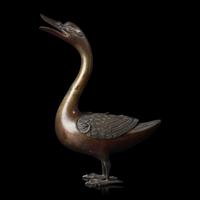 A Patinated Bronze Archaistic "Goose" Covered Censer, 18th/19th Century or Earlier 清中期或更早 仿古銅鳧香薰